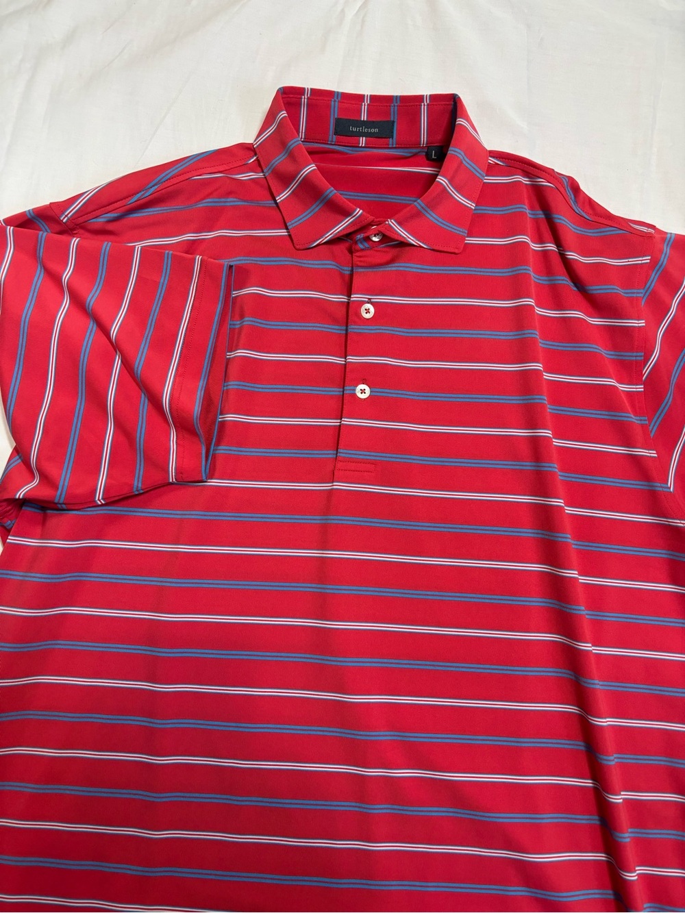 Men's Red Striped Polo Shirt with Blue & White Accents large